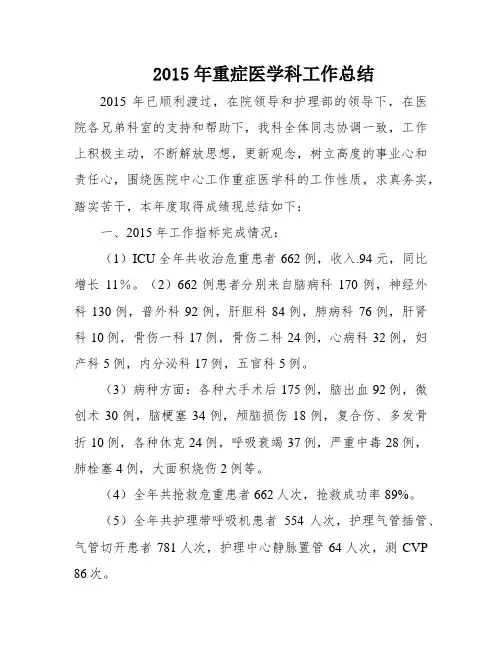 2015年重症医学科工作总结