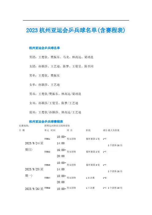 2023杭州亚运会乒兵球名单(含赛程表)
