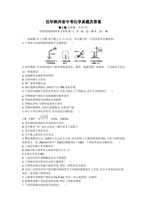 往年陕西省中考化学真题及答案