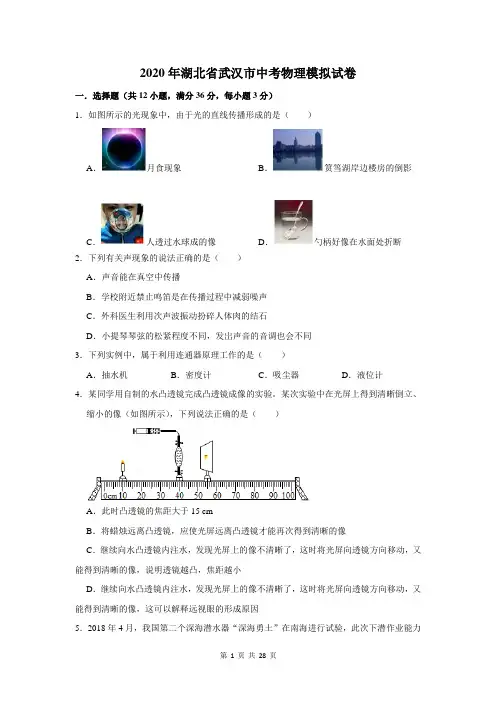 2020年湖北省武汉市中考物理模拟试卷及答案解析