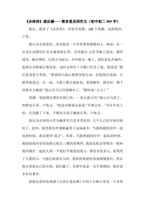 《水浒传》读后感——智多星吴用作文(初中初二800字).doc