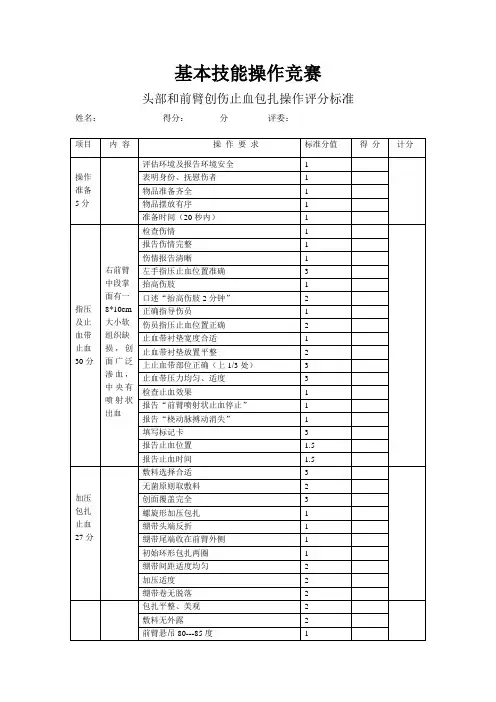 头部和前臂创伤止血包扎操作流程、评分标准