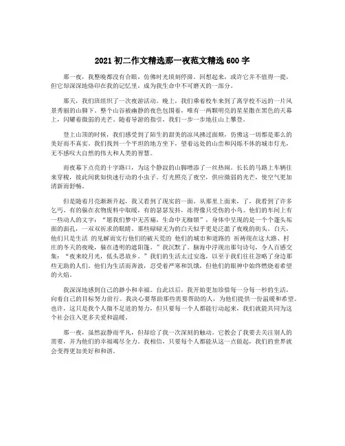 2021初二作文精选那一夜范文精选600字
