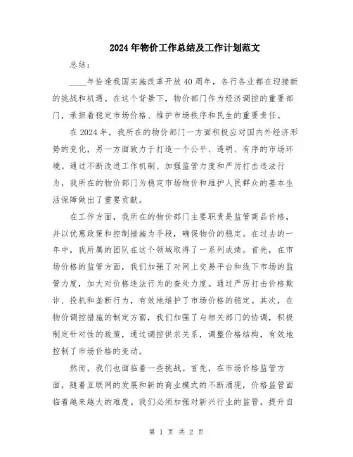 2024年物价工作总结及工作计划范文