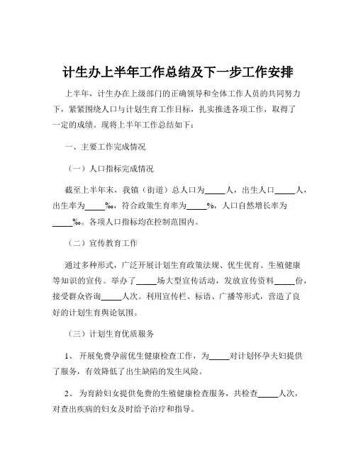 计生办上半年工作总结及下一步工作安排