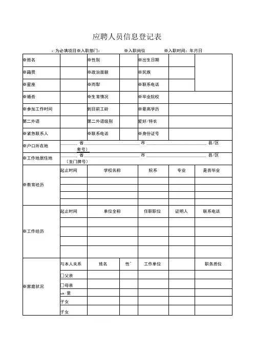 应聘人员信息登记表