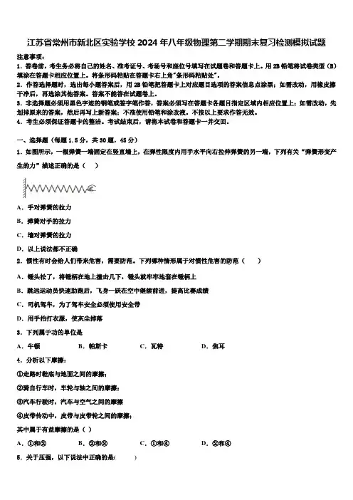 江苏省常州市新北区实验学校2024年八年级物理第二学期期末复习检测模拟试题含解析