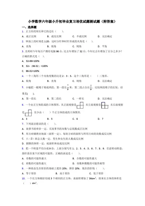 小学数学六年级小升初毕业复习培优试题测试题(附答案)
