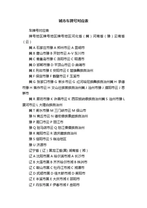 城市车牌号对应表