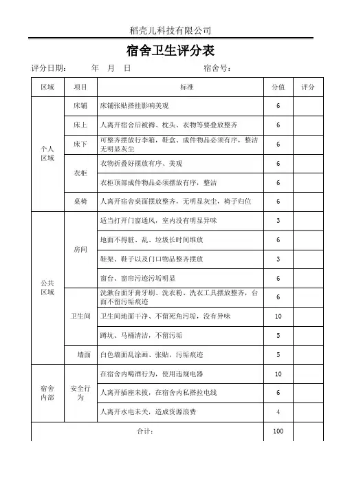 宿舍卫生标准评分表