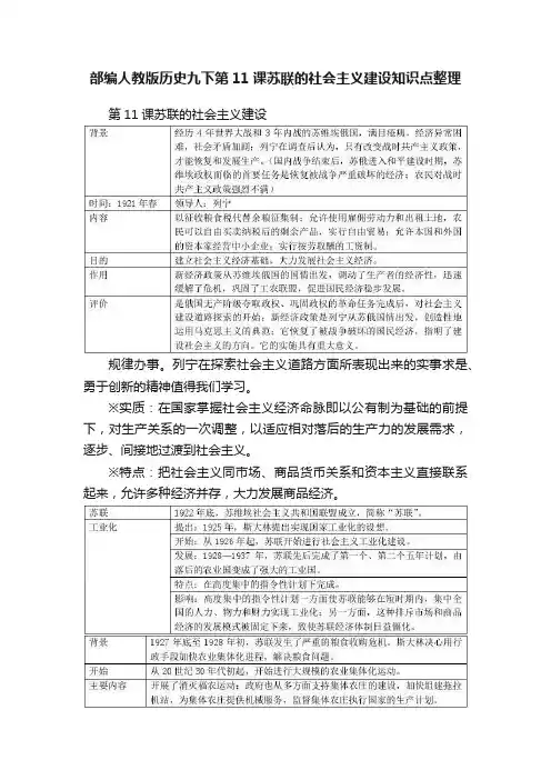 部编人教版历史九下第11课苏联的社会主义建设知识点整理