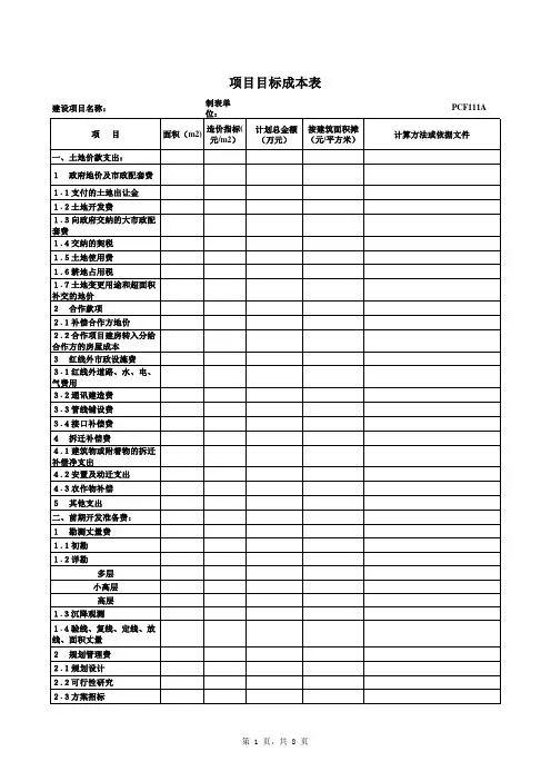 万达集团项目管理之PCF111项目目标成本表