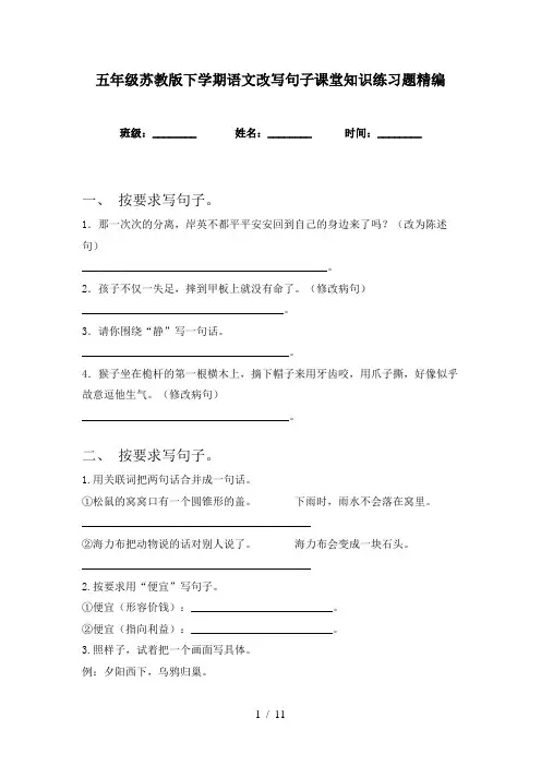 五年级苏教版下学期语文改写句子课堂知识练习题精编
