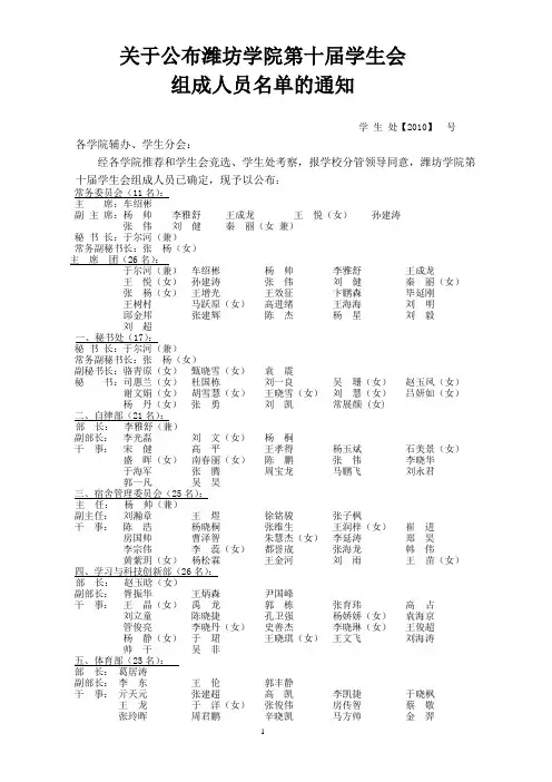 潍坊学院第十届学生会成员名单(男、女)