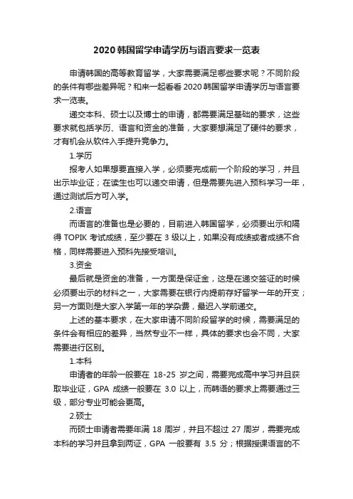 2020韩国留学申请学历与语言要求一览表