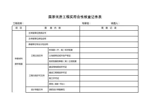 国优资料检查目录,国家优质工程奖符合性核查记录(书面)