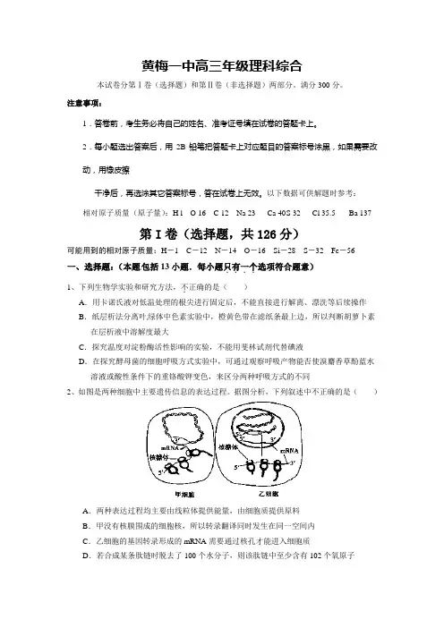 湖北省黄梅县第一中学2015届高三6月适应性考试理综试题word版  含答案