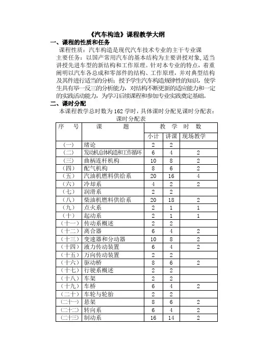 汽车构造课程教学大纲