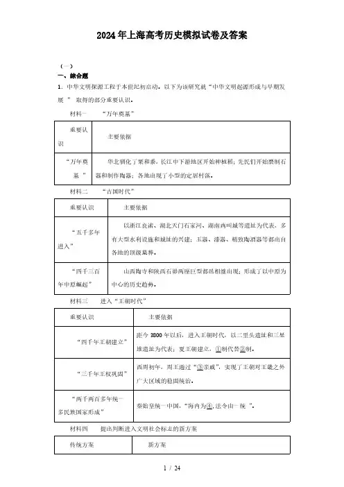 2024年上海高考历史模拟试卷及答案(精品)