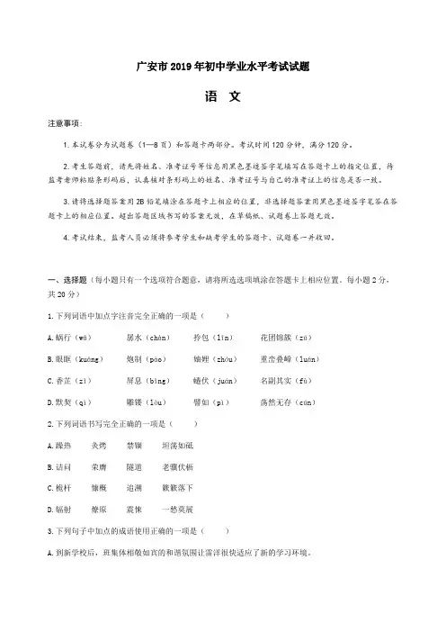 【中考真题】四川省广安市2019年中考语文试题(含答案)