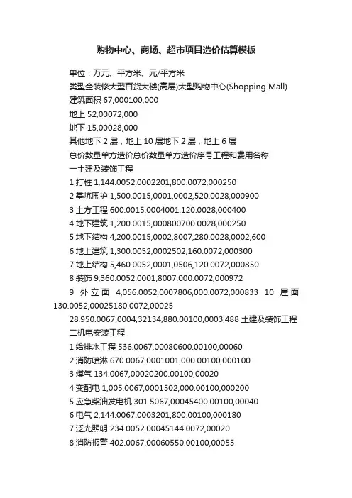 购物中心、商场、超市项目造价估算模板