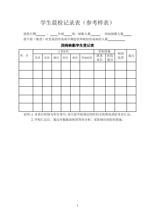 学生晨检记录表(参考样表)