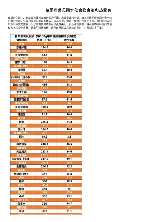 糖尿病常见碳水化合物食物和热量表