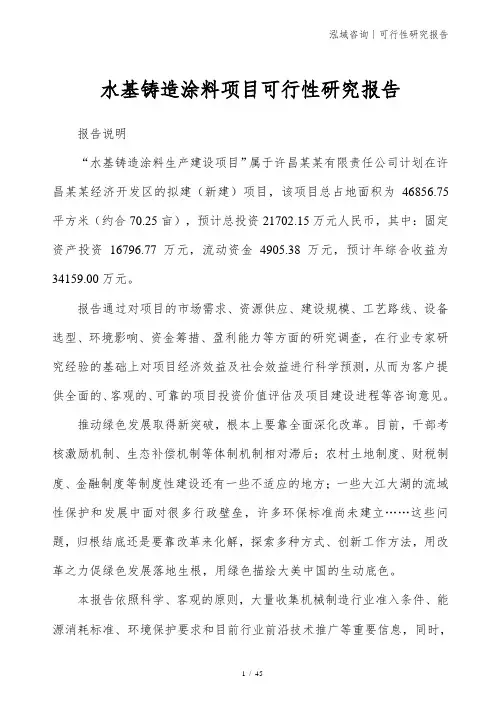 水基铸造涂料项目可行性研究报告