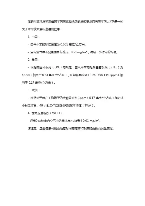 苯的排放浓度标准值