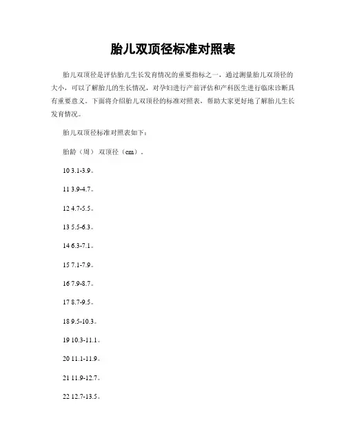 胎儿双顶径标准对照表