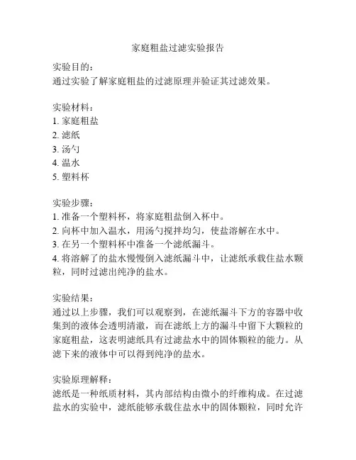 家庭粗盐过滤实验报告