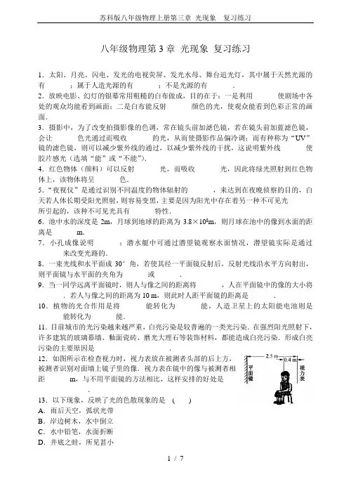 苏科版八年级物理上册第三章 光现象  复习练习