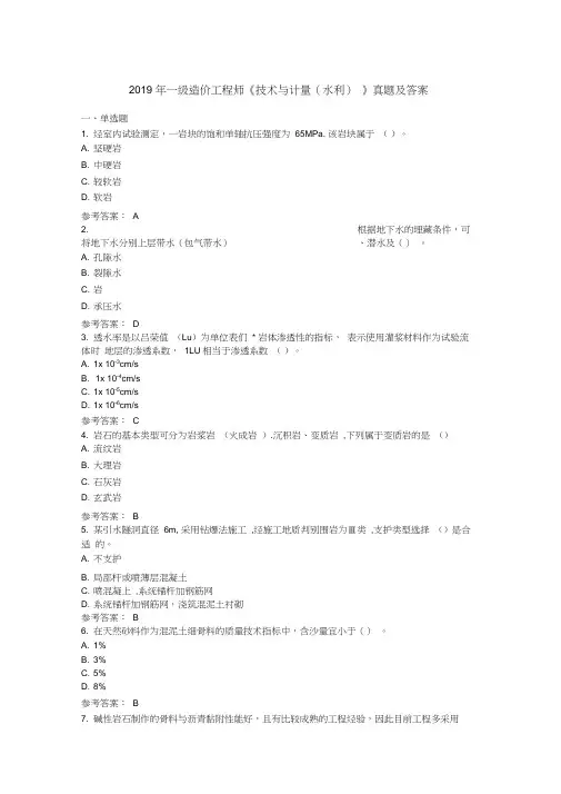 2019年一级造价工程师《技术与计量(水利)》真题及答案