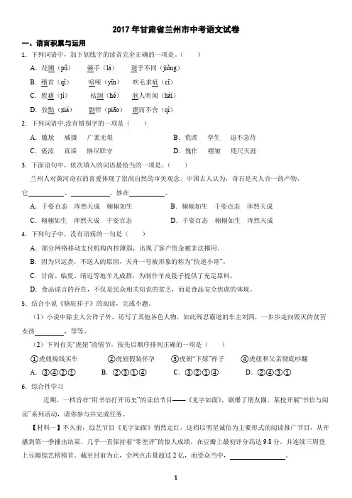 甘肃省兰州市2017年中考语文真题试卷(含答案)