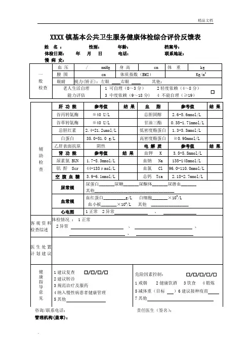 基本公共卫生服务健康体检综合评价反馈表