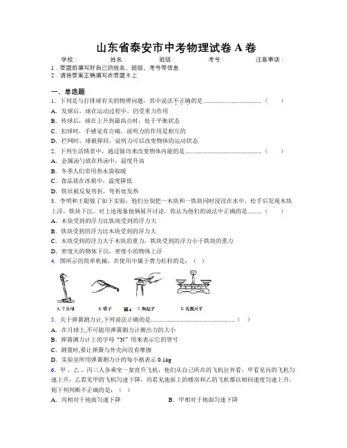 最新山东省泰安市中考物理试卷A卷及解析