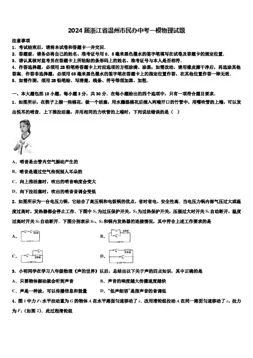 2024届浙江省温州市民办中考一模物理试题含解析