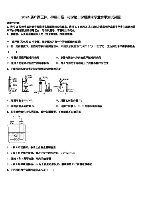 2024届广西玉林、柳州市高一化学第二学期期末学业水平测试试题含解析