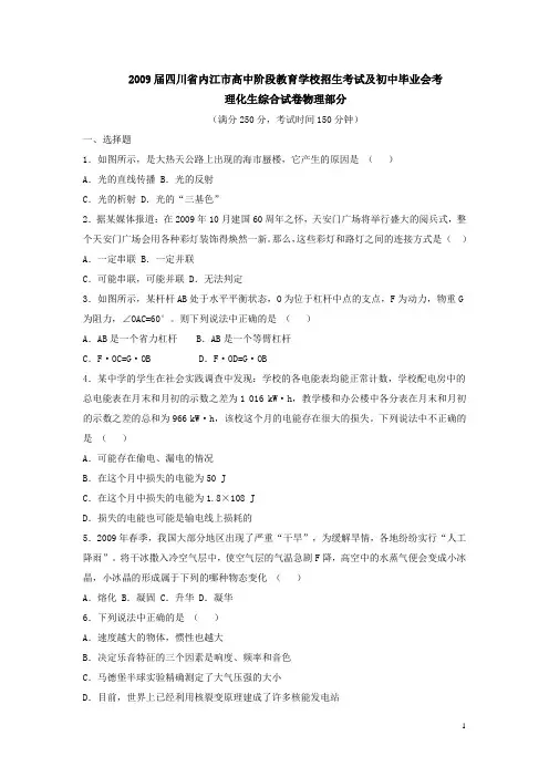 四川内江2009年高考(理综)试题