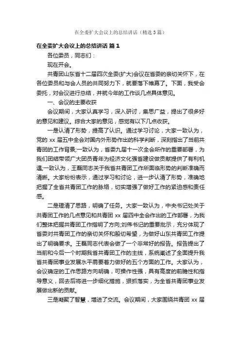 在全委扩大会议上的总结讲话（精选3篇）