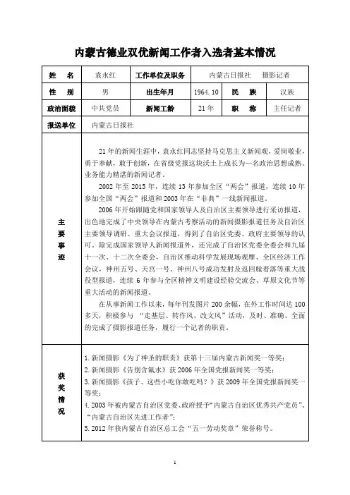 内蒙古德业双优新闻工作者入选者基本情况