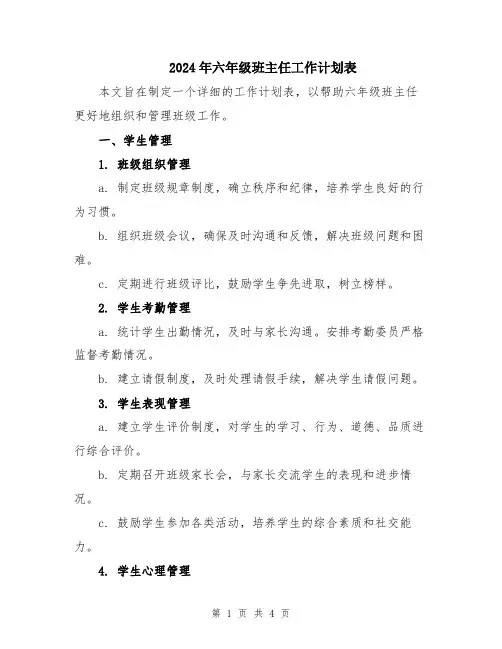 2024年六年级班主任工作计划表