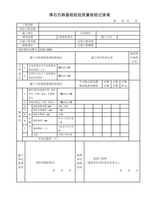 填石方路基检验批质量检验记录表(标准范本)