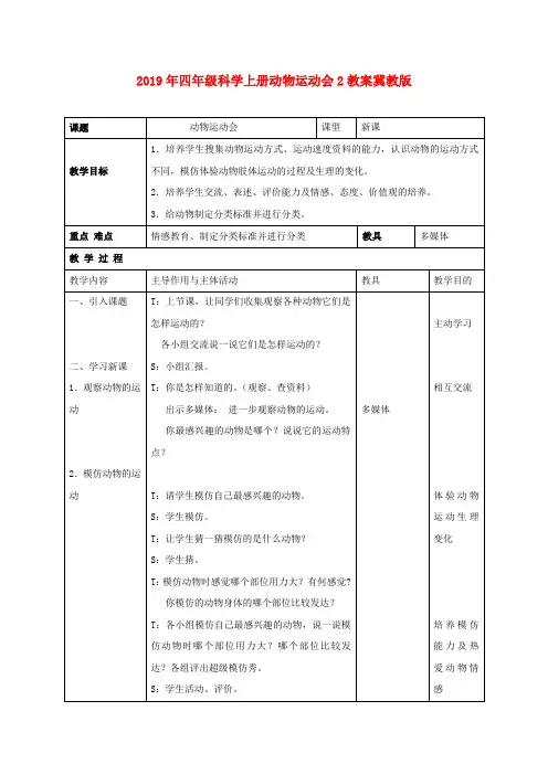 (小学教育)2019年四年级科学上册动物运动会2教案冀教版