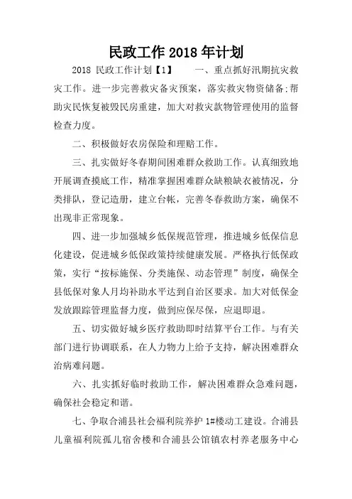 民政工作2018年计划