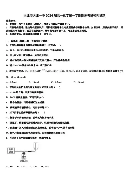 天津市天津一中2024届高一化学第一学期期末考试模拟试题含解析