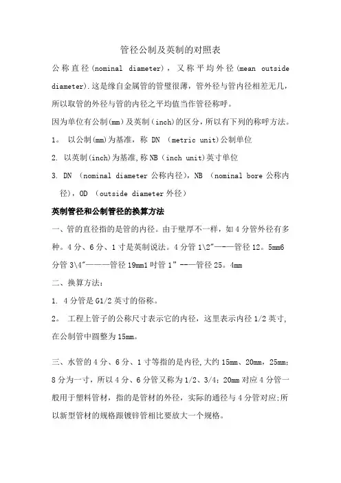 管径公制及英制的对照表