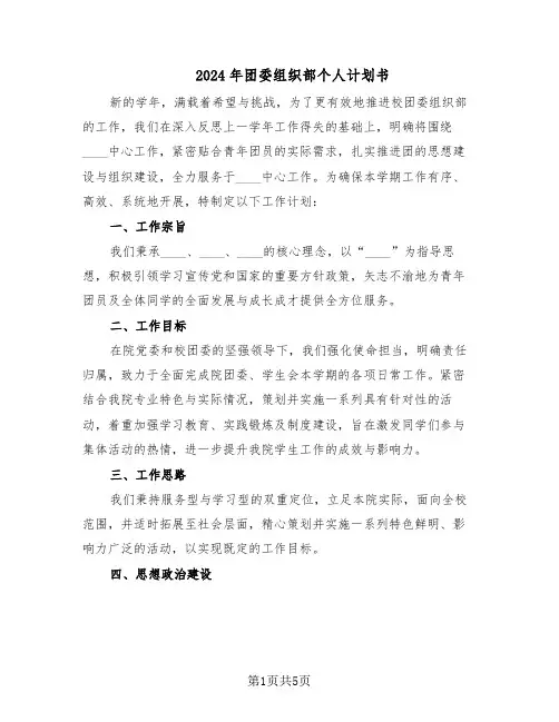2024年团委组织部个人计划书（三篇）