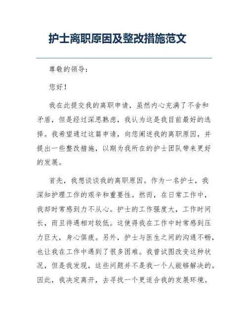 护士离职原因及整改措施范文