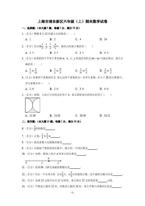 沪教版六年级数学试卷：上海市浦东新区六年级(上)期末数学试卷(PDF版 含解析)